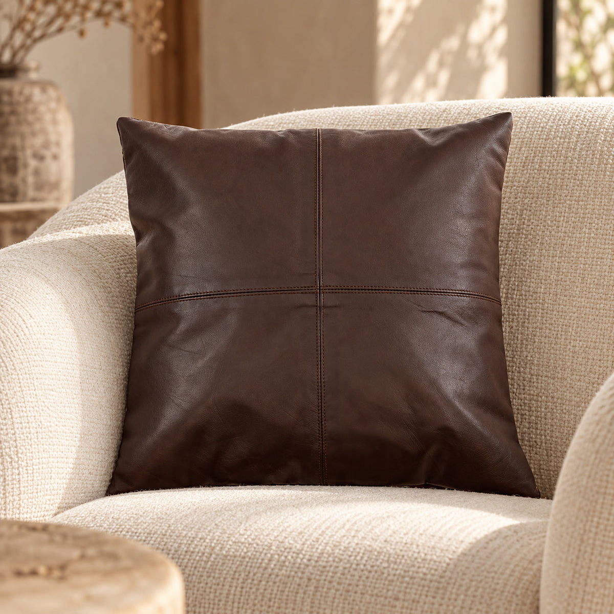 The Four Panel Leather Cushion Cover - Choco - 40x40
