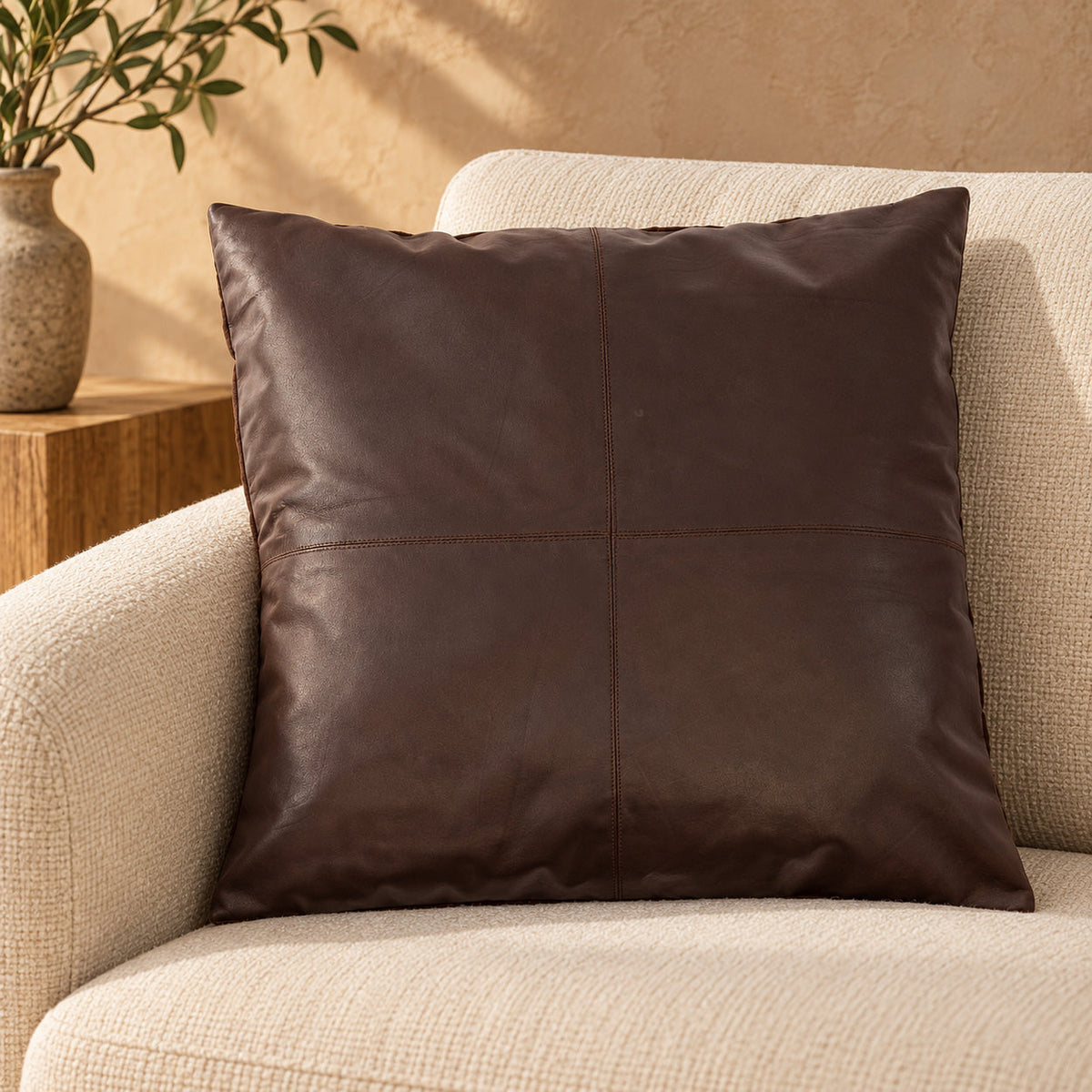 Lederkissenbezug Four Panel - Choco - 60x60