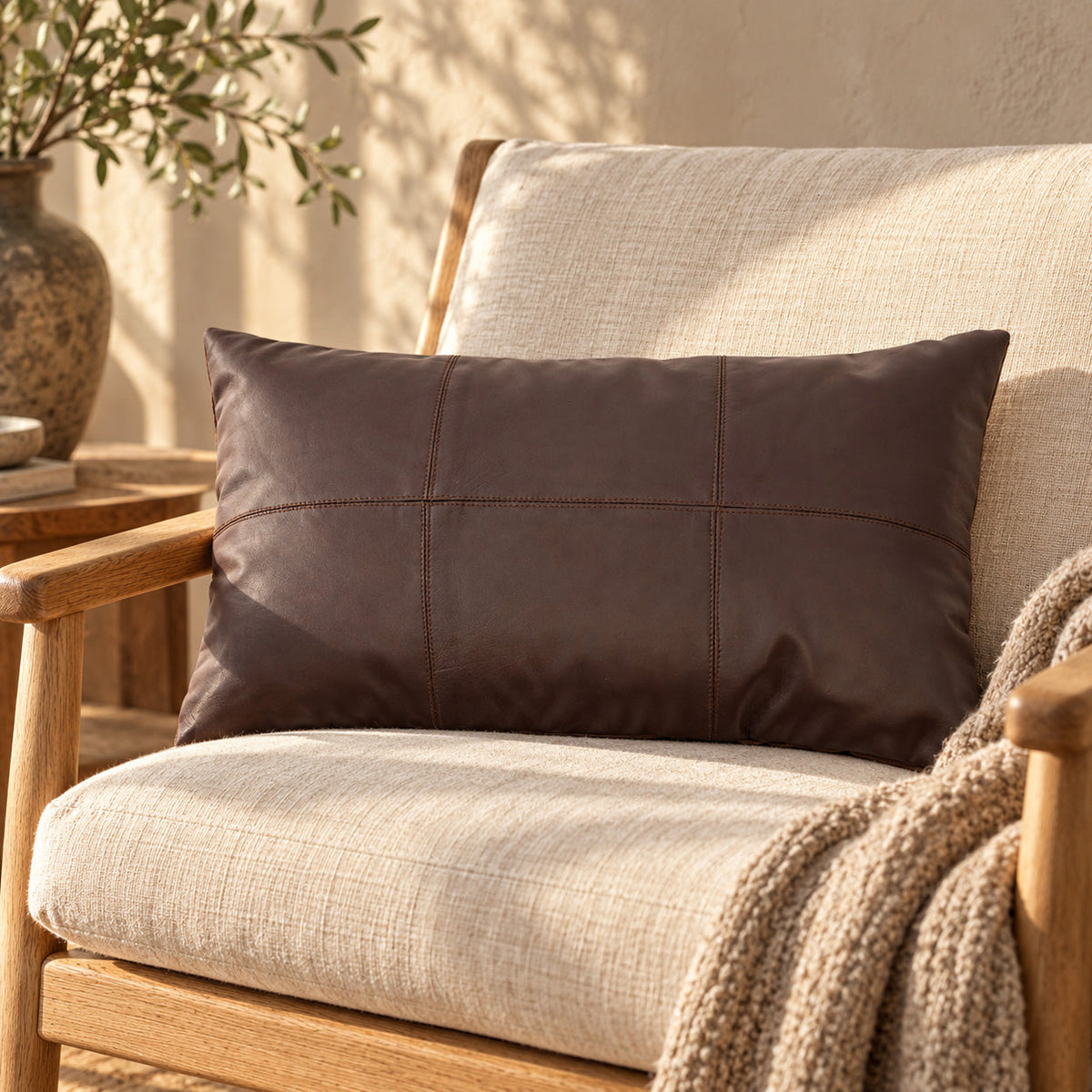 The Six Panel Leather Cushion Cover - Choco - 30x50