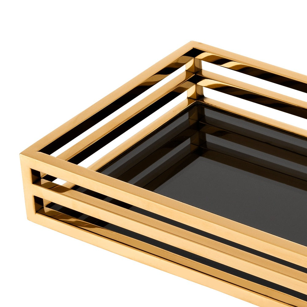 tray dienblad eichholtz hoogglans zwart glas goud ersa