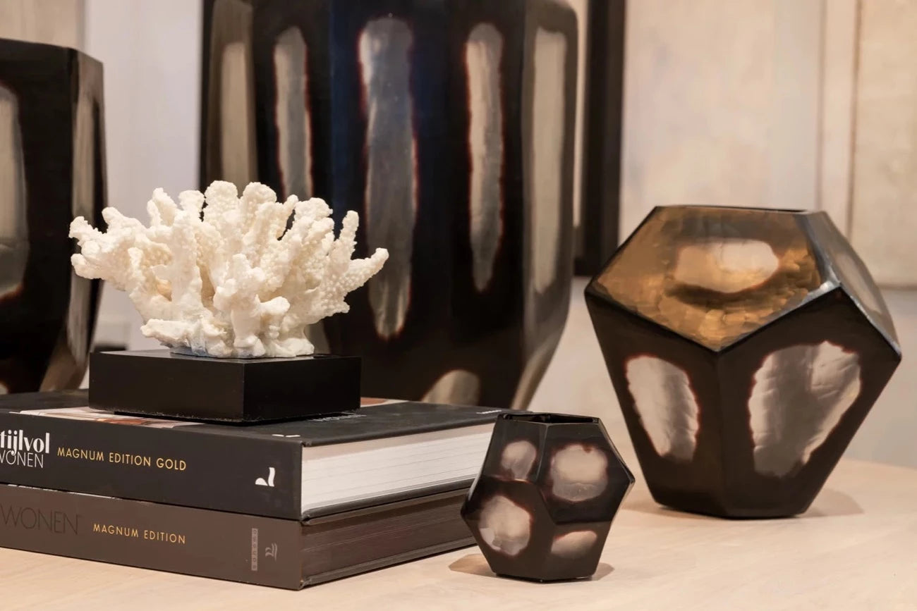 Theelichthouder octaaf uniek glaswerk rafdeluxe new zwart rookglas